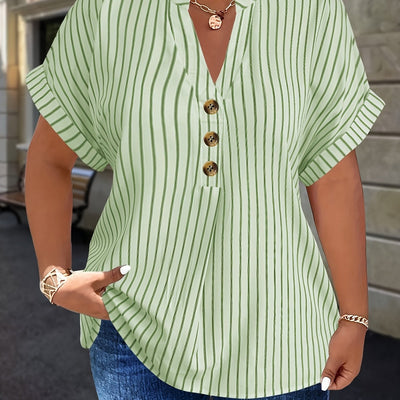 Salla™ | Blouse Taille Plus avec Manches Rayées et Bouton