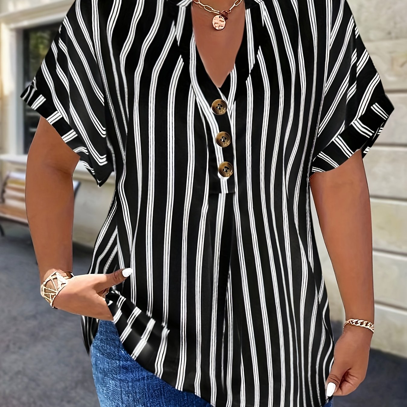 Salla™ | Blouse Taille Plus avec Manches Rayées et Bouton