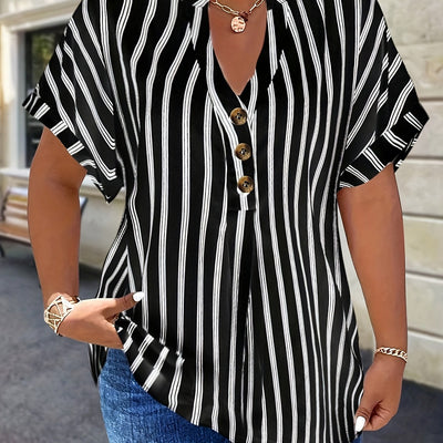Salla™ | Blouse Taille Plus avec Manches Rayées et Bouton