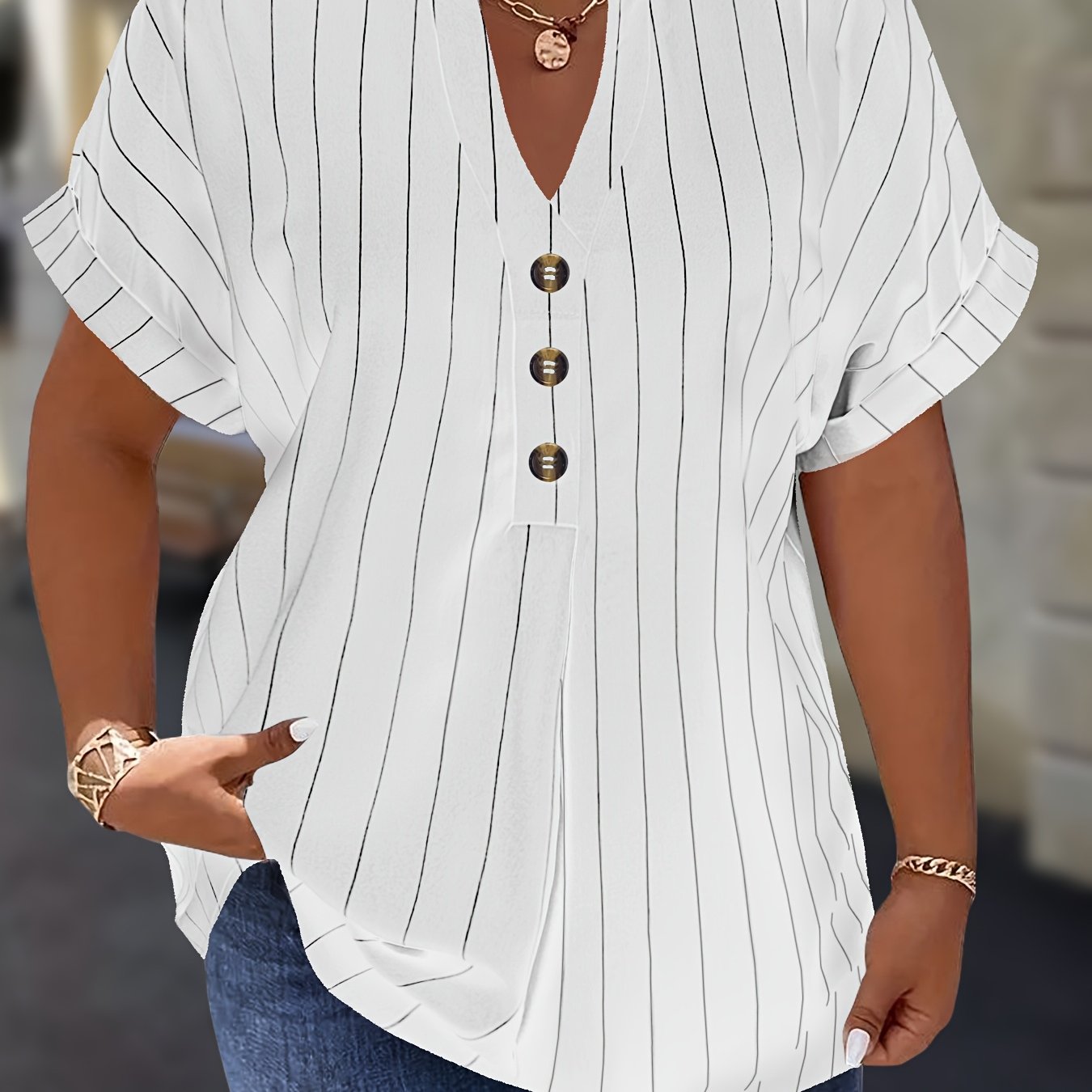 Salla™ | Blouse Taille Plus avec Manches Rayées et Bouton