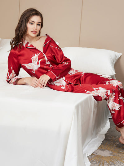 Ensemble de Pyjama Femme en Soie Pure Imprimée 19 Momme avec Contraste Classique
