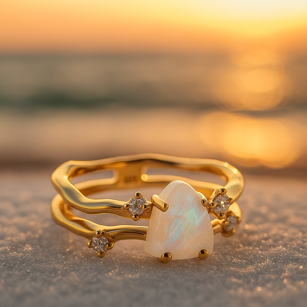 Alba di Mare | Bague en argent 925 avec pierre de lune et finition dorée
