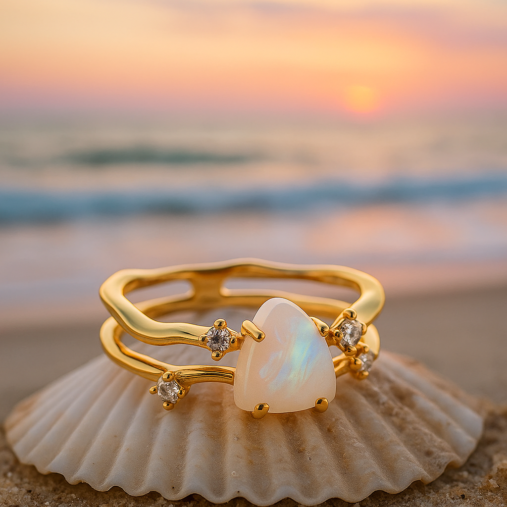 Alba di Mare | Bague en argent 925 avec pierre de lune et finition dorée