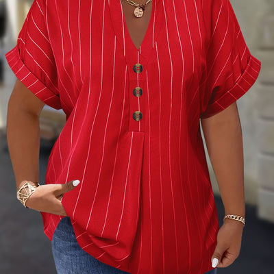 Salla™ | Blouse Taille Plus avec Manches Rayées et Bouton