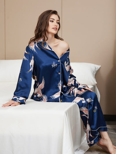 Ensemble de Pyjama Femme en Soie Pure Imprimée 19 Momme avec Contraste Classique