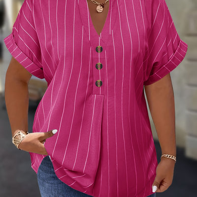 Salla™ | Blouse Taille Plus avec Manches Rayées et Bouton