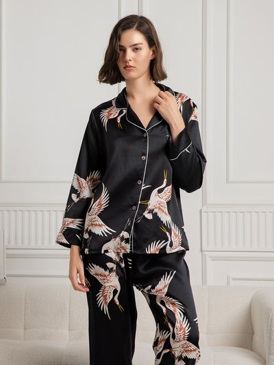 Ensemble de Pyjama Femme en Soie Pure Imprimée 19 Momme avec Contraste Classique