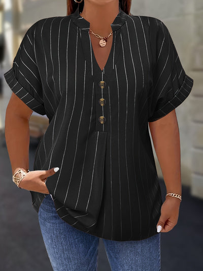Salla™ | Blouse Taille Plus avec Manches Rayées et Bouton