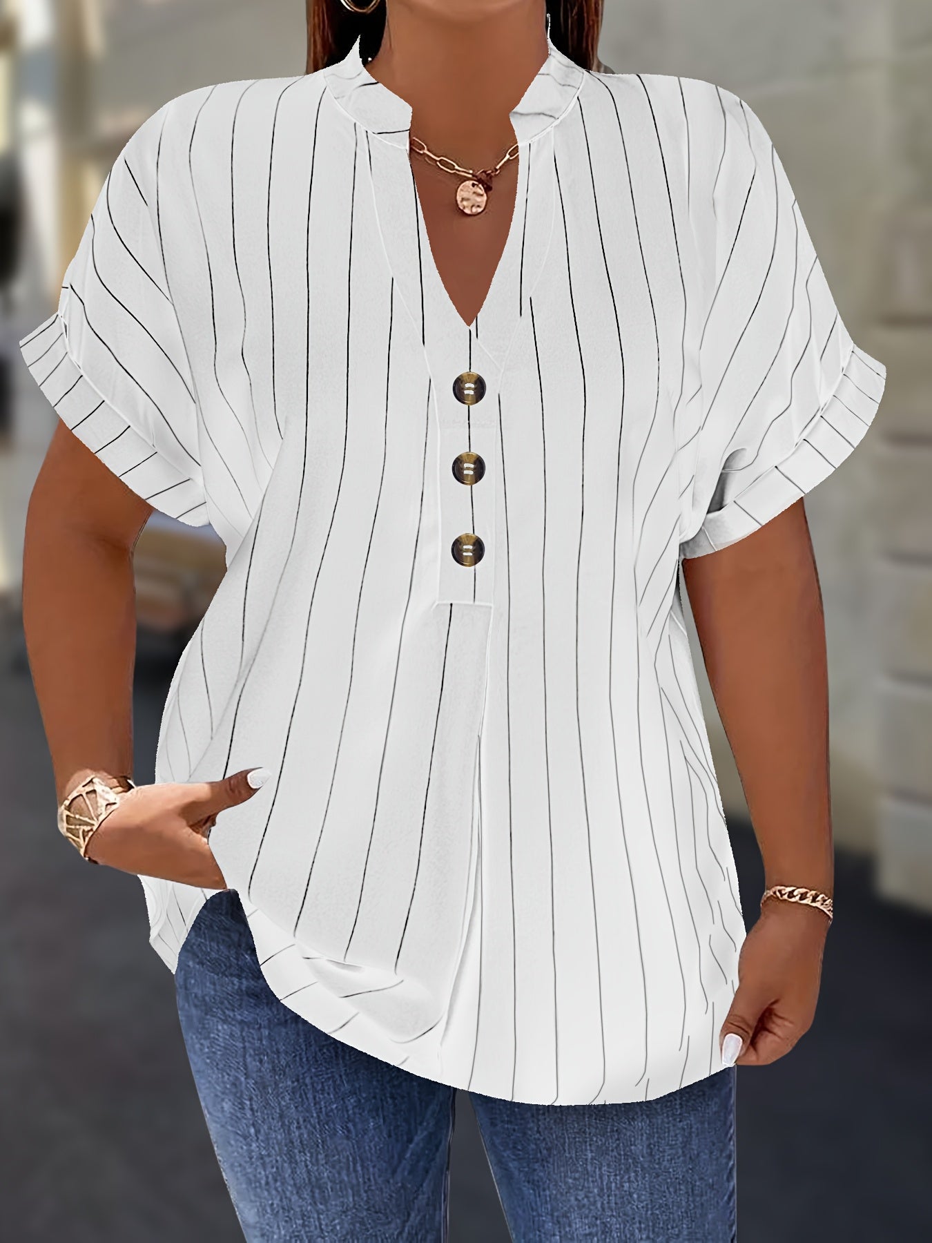 Salla™ | Blouse Taille Plus avec Manches Rayées et Bouton