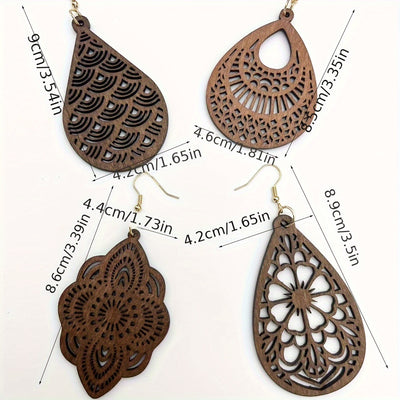 Ensemble de 4 Boucles d'Oreilles en Bois Rétro – Motif Creux.