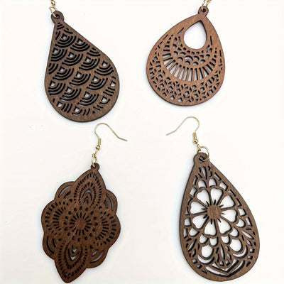 Ensemble de 4 Boucles d'Oreilles en Bois Rétro – Motif Creux.
