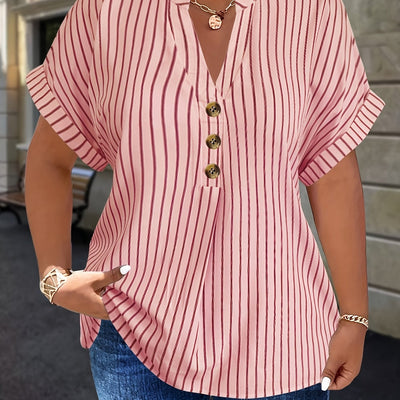 Salla™ | Blouse Taille Plus avec Manches Rayées et Bouton