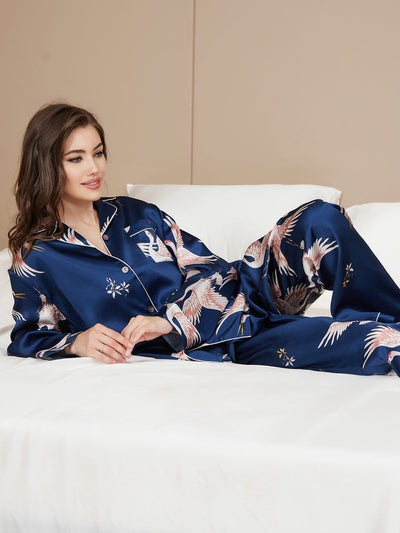 Ensemble de Pyjama Femme en Soie Pure Imprimée 19 Momme avec Contraste Classique
