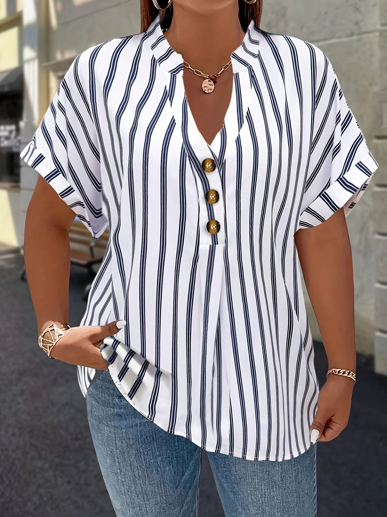 Salla™ | Blouse Taille Plus avec Manches Rayées et Bouton