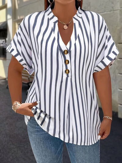 Salla™ | Blouse Taille Plus avec Manches Rayées et Bouton