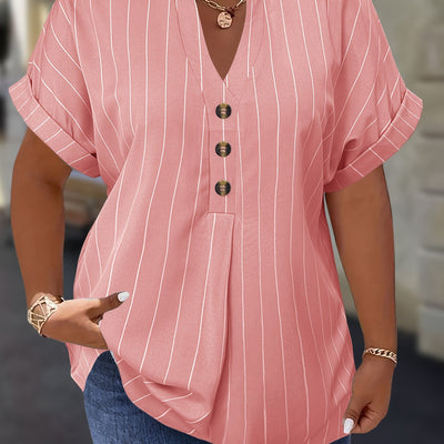 Salla™ | Blouse Taille Plus avec Manches Rayées et Bouton