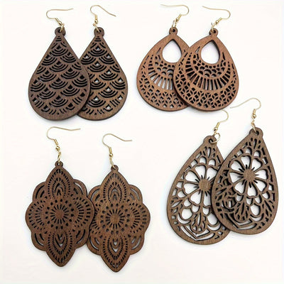 Ensemble de 4 Boucles d'Oreilles en Bois Rétro – Motif Creux.