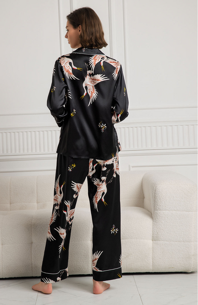 Ensemble de Pyjama Femme en Soie Pure Imprimée 19 Momme avec Contraste Classique