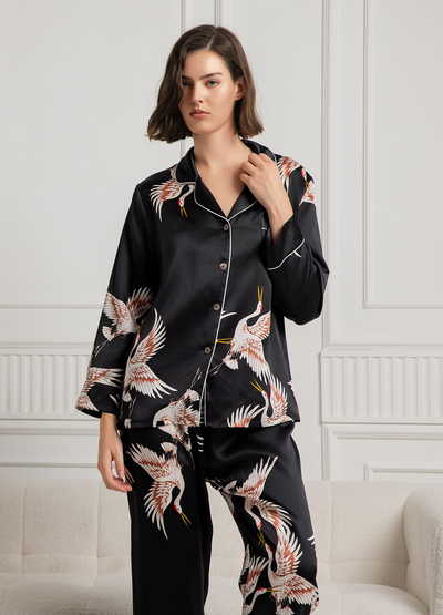 Ensemble de Pyjama Femme en Soie Pure Imprimée 19 Momme avec Contraste Classique