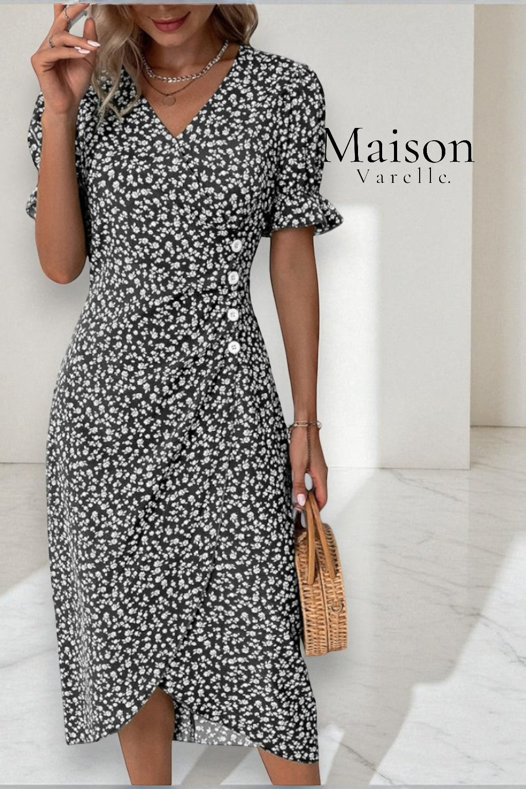 Emma™ | Vestido Midi Floral Joana con Escote en V y Mangas Corta