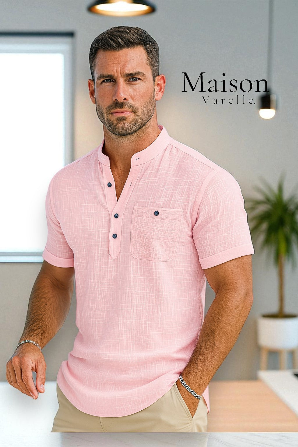 Étienne™ | Chemise d'été grise en rayon à manches courtes.