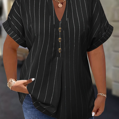 Salla™ | Blouse Taille Plus avec Manches Rayées et Bouton