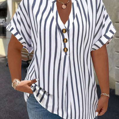 Salla™ | Blouse Taille Plus avec Manches Rayées et Bouton