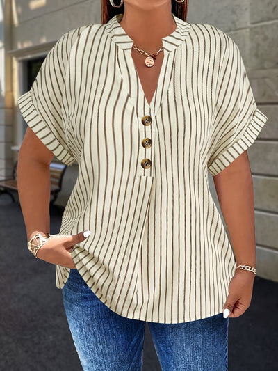 Salla™ | Blouse Taille Plus avec Manches Rayées et Bouton