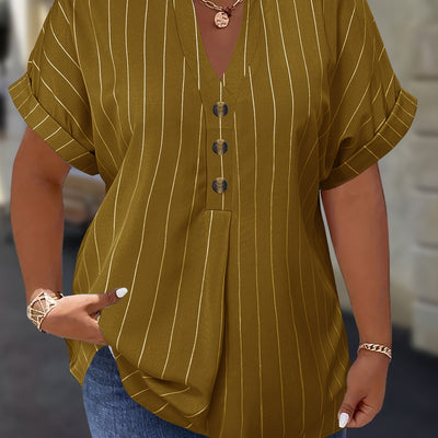 Salla™ | Blouse Taille Plus avec Manches Rayées et Bouton