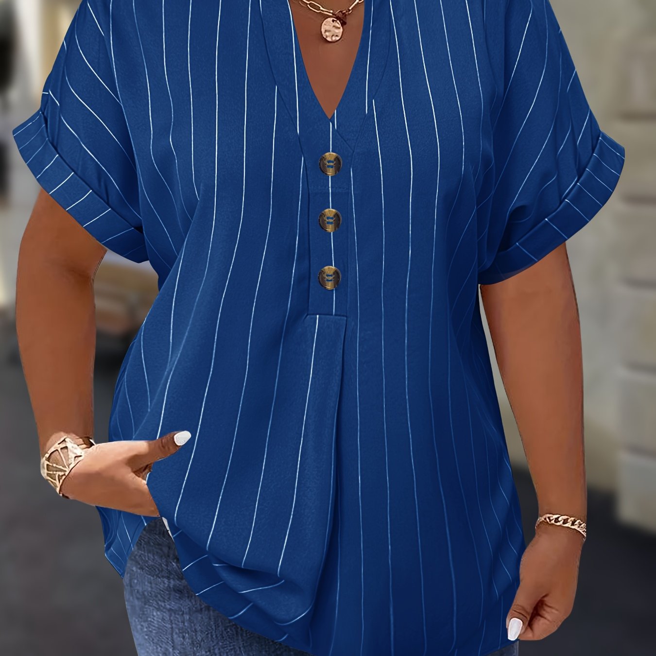 Salla™ | Blouse Taille Plus avec Manches Rayées et Bouton
