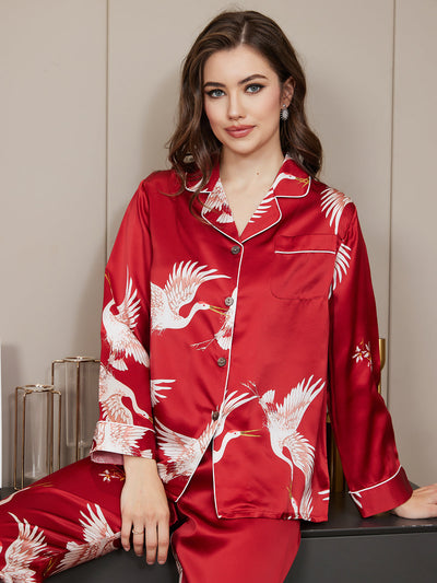 Ensemble de Pyjama Femme en Soie Pure Imprimée 19 Momme avec Contraste Classique