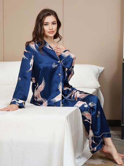 Ensemble de Pyjama Femme en Soie Pure Imprimée 19 Momme avec Contraste Classique