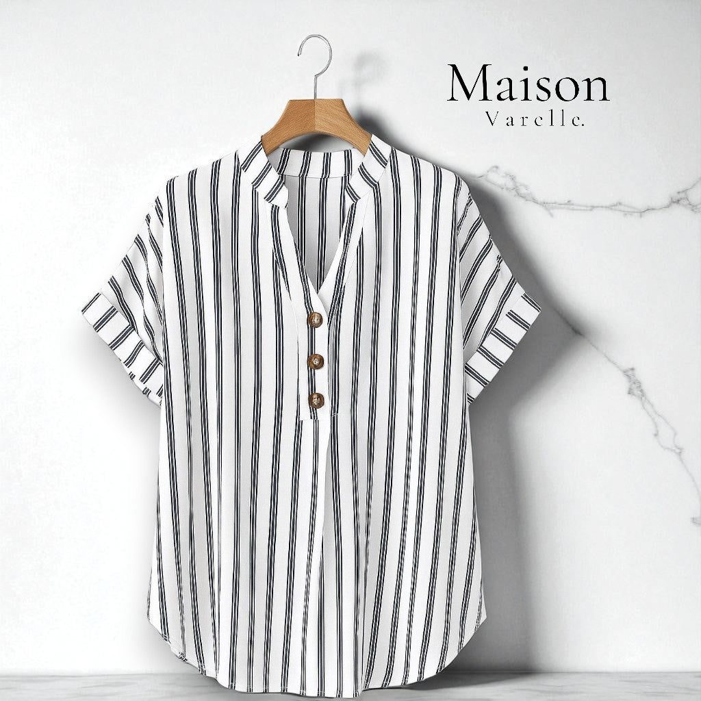 Salla™ | Blouse Taille Plus avec Manches Rayées et Bouton